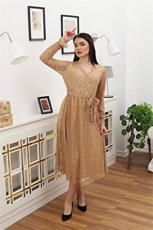 Dipmoda kadın bağlama detaylı dantel elbise RSSN619 - Camel