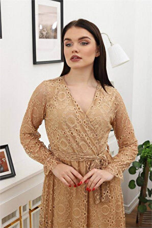 Dipmoda kadın bağlama detaylı dantel elbise RSSN619 - Camel