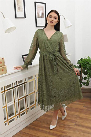 Dipmoda kadın bağlama detaylı dantel elbise RSSN619 - Haki