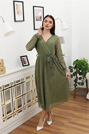 Dipmoda kadın bağlama detaylı dantel elbise RSSN619 - Haki