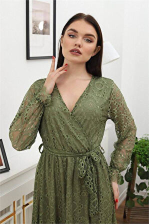 Dipmoda kadın bağlama detaylı dantel elbise RSSN619 - Haki