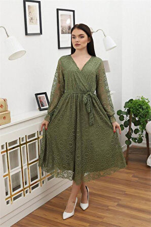 Dipmoda kadın bağlama detaylı dantel elbise RSSN619 - Haki