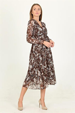 Dipmoda kadın kahverengi desenli midi boy şifon elbise RSSN15