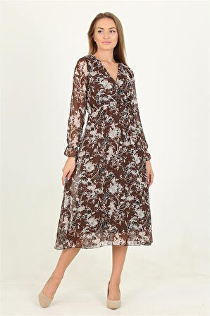 Dipmoda kadın kahverengi desenli midi boy şifon elbise RSSN15