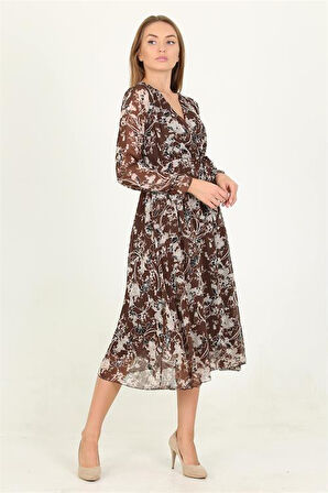 Dipmoda kadın kahverengi desenli midi boy şifon elbise RSSN15