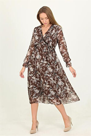 Dipmoda kadın kahverengi desenli midi boy şifon elbise RSSN15