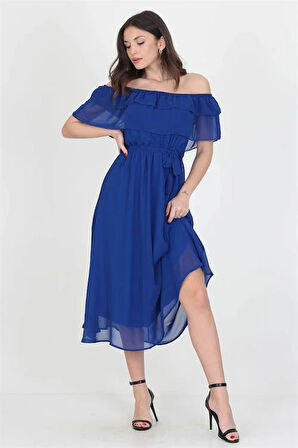 Dipmoda kadın saks mavisi madonna yaka bağlama detaylı şifon elbise RY8060