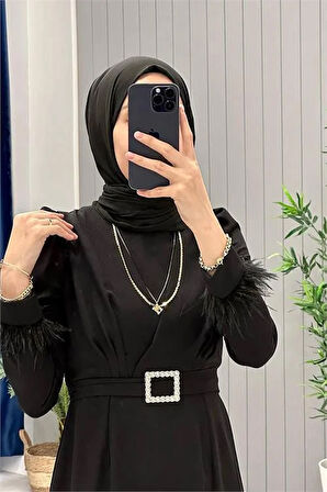 Dipmoda kadın kalem kemerli kol detaylı tesettür elbise SMS034