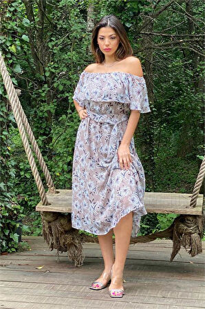 Dipmoda kadın bej madonna kuşaklı çiçek desenli şifon elbise DP10037