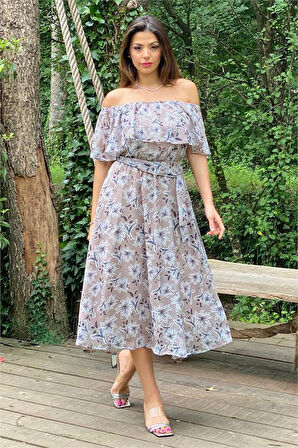 Dipmoda kadın bej madonna kuşaklı çiçek desenli şifon elbise DP10037