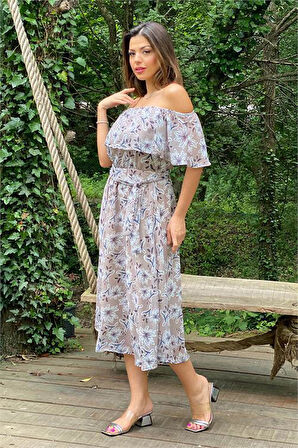 Dipmoda kadın bej madonna kuşaklı çiçek desenli şifon elbise DP10037