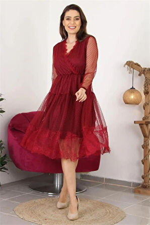 Dipmoda kadın kruvaze yaka eteği güpür detaylı yeni sezon elbise APCX10