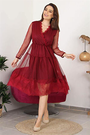 Dipmoda kadın kruvaze yaka eteği güpür detaylı yeni sezon elbise APCX10