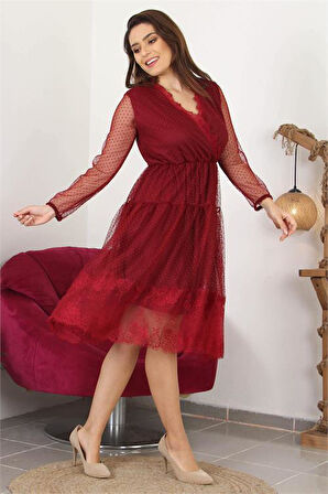 Dipmoda kadın kruvaze yaka eteği güpür detaylı yeni sezon elbise APCX10