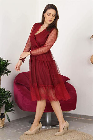 Dipmoda kadın kruvaze yaka eteği güpür detaylı yeni sezon elbise APCX10