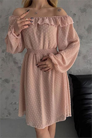 Dipmoda kadın camel madonna yaka mini ponpon şifon elbise DPK2057