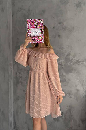Dipmoda kadın camel madonna yaka mini ponpon şifon elbise DPK2057
