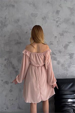 Dipmoda kadın camel madonna yaka mini ponpon şifon elbise DPK2057
