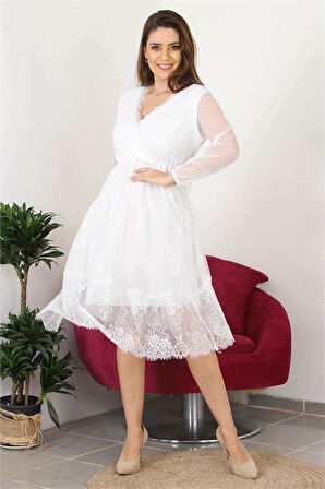 Dipmoda kadın kruvaze yaka eteği güpür detaylı yeni sezon elbise APCX10