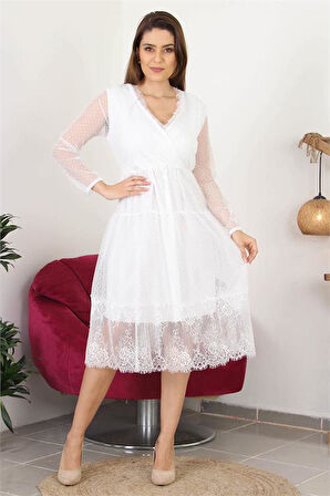 Dipmoda kadın kruvaze yaka eteği güpür detaylı yeni sezon elbise APCX10