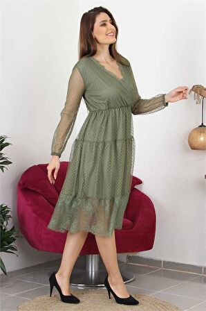 Dipmoda kadın kruvaze yaka eteği güpür detaylı yeni sezon elbise APCX10