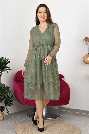 Dipmoda kadın kruvaze yaka eteği güpür detaylı yeni sezon elbise APCX10