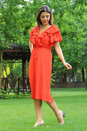 Dipmoda kadın turuncu yaka ve kolları fırfırlı bağlama detaylı ayrobin elbise DP10050