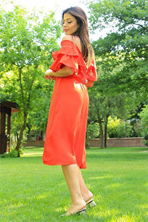 Dipmoda kadın turuncu yaka ve kolları fırfırlı bağlama detaylı ayrobin elbise DP10050