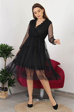 Dipmoda kadın kruvaze yaka eteği güpür detaylı yeni sezon elbise APCX10