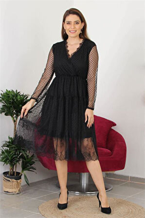 Dipmoda kadın kruvaze yaka eteği güpür detaylı yeni sezon elbise APCX10