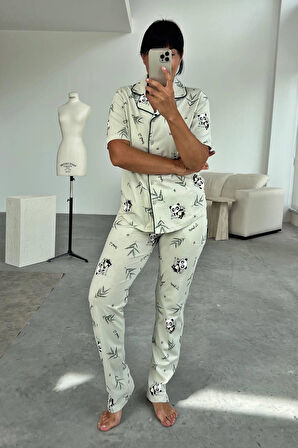 Panda Desenli Yeşil Pijama Takımı