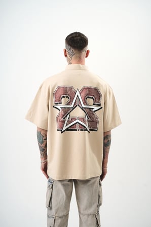 Erkek 22 Baskılı Yarım Fermuarlı Oversize T-Shirt Bej