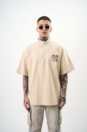 Erkek 22 Baskılı Yarım Fermuarlı Oversize T-Shirt Bej