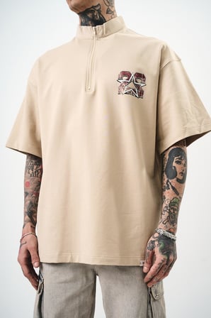 Erkek 22 Baskılı Yarım Fermuarlı Oversize T-Shirt Bej
