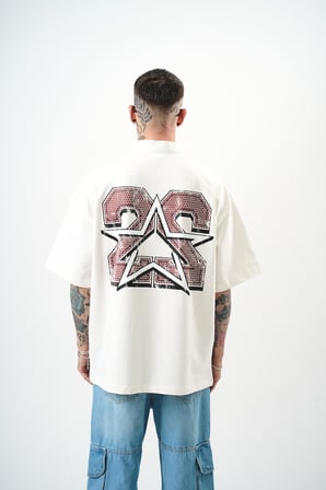 Erkek 22 Baskılı Yarım Fermuarlı Oversize T-Shirt Ekru