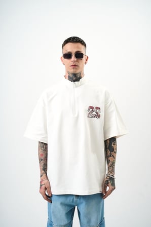 Erkek 22 Baskılı Yarım Fermuarlı Oversize T-Shirt Ekru