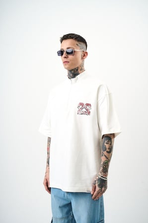 Erkek 22 Baskılı Yarım Fermuarlı Oversize T-Shirt Ekru