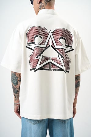 Erkek 22 Baskılı Yarım Fermuarlı Oversize T-Shirt Ekru