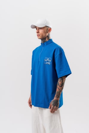 Erkek 22 Baskılı Yarım Fermuarlı Oversize T-Shirt Mavi