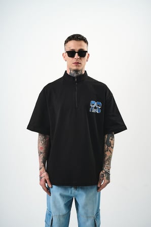 Erkek 22 Baskılı Yarım Fermuarlı Oversize T-Shirt Siyah