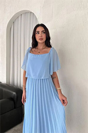 Dipmoda kadın madonna yaka piliseli şifon elbise DPK2099