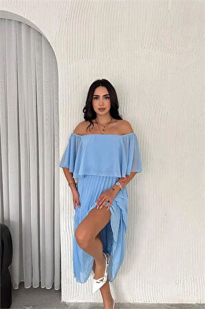 Dipmoda kadın madonna yaka piliseli şifon elbise DPK2099