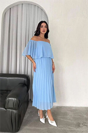 Dipmoda kadın madonna yaka piliseli şifon elbise DPK2099