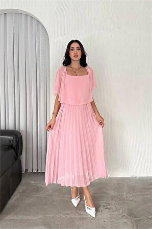 Dipmoda kadın madonna yaka piliseli şifon elbise DPK2099
