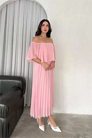 Dipmoda kadın madonna yaka piliseli şifon elbise DPK2099