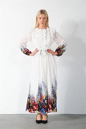 Dipmoda kadın beyaz kuşaklı tasarım elbise DPMS42156