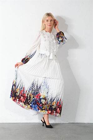 Dipmoda kadın beyaz kuşaklı tasarım elbise DPMS42156