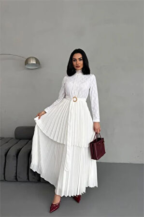 Dipmoda kadın krep kumaş dantel detaylı kemerli uzun elbise DPMS2525