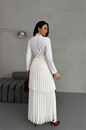 Dipmoda kadın krep kumaş dantel detaylı kemerli uzun elbise DPMS2525