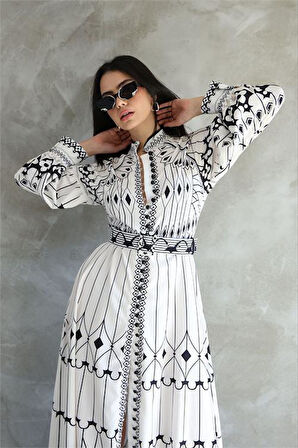 Dipmoda kadın atlas kumaş desenli elbise DPMS42129